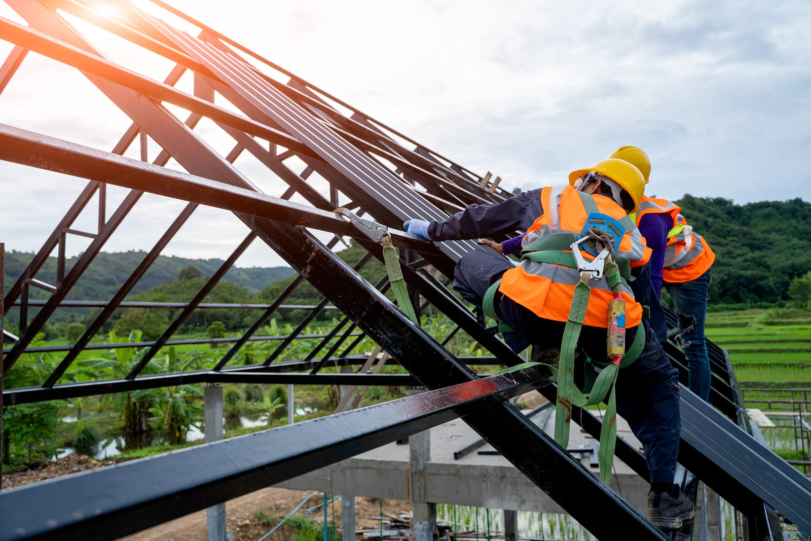 Steel structural framework on building construction site