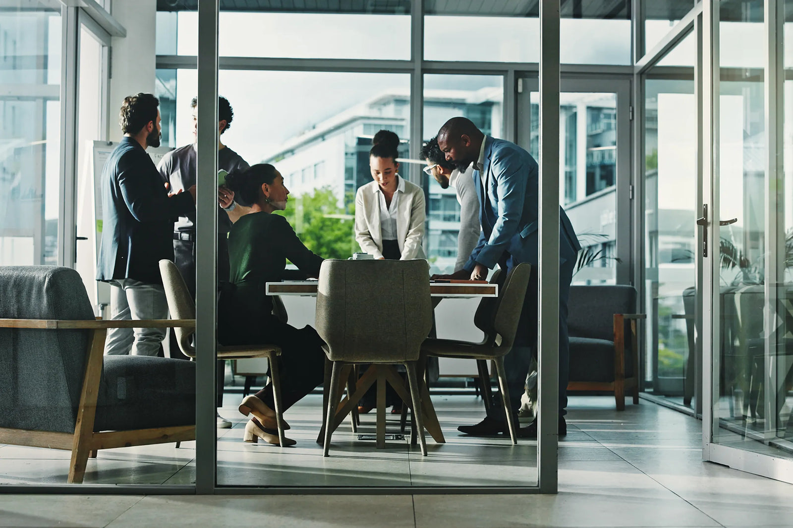 Corporate team meeting in modern office building